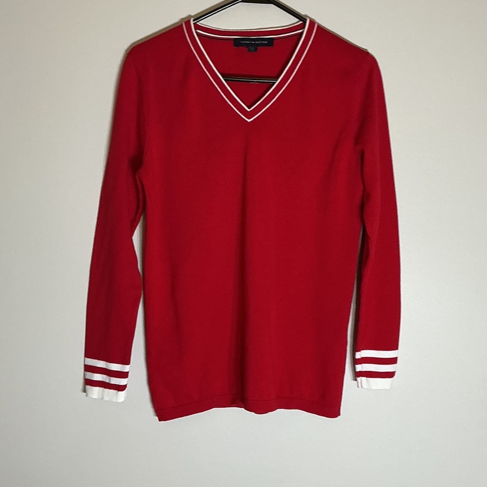 Tommy Hilfiger Red V-Neck Sweater with White Accents